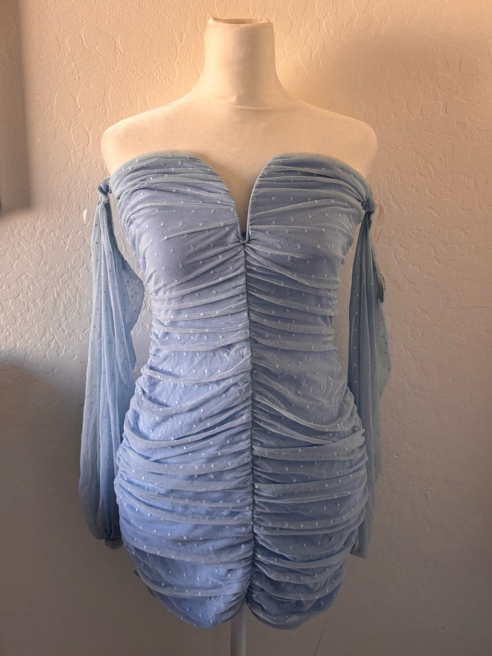 Sabora Light Blue Off-Shoulder Ruched Polkadot Mini Dress